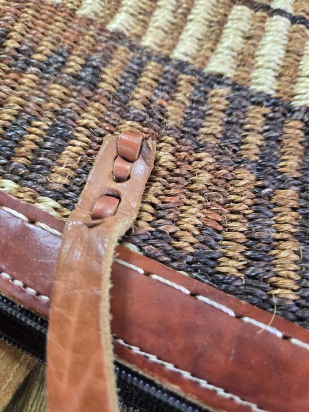 vtg Sisal Jute leather shopper tote african kenya tote purse zip closure - Picture 8 of 10